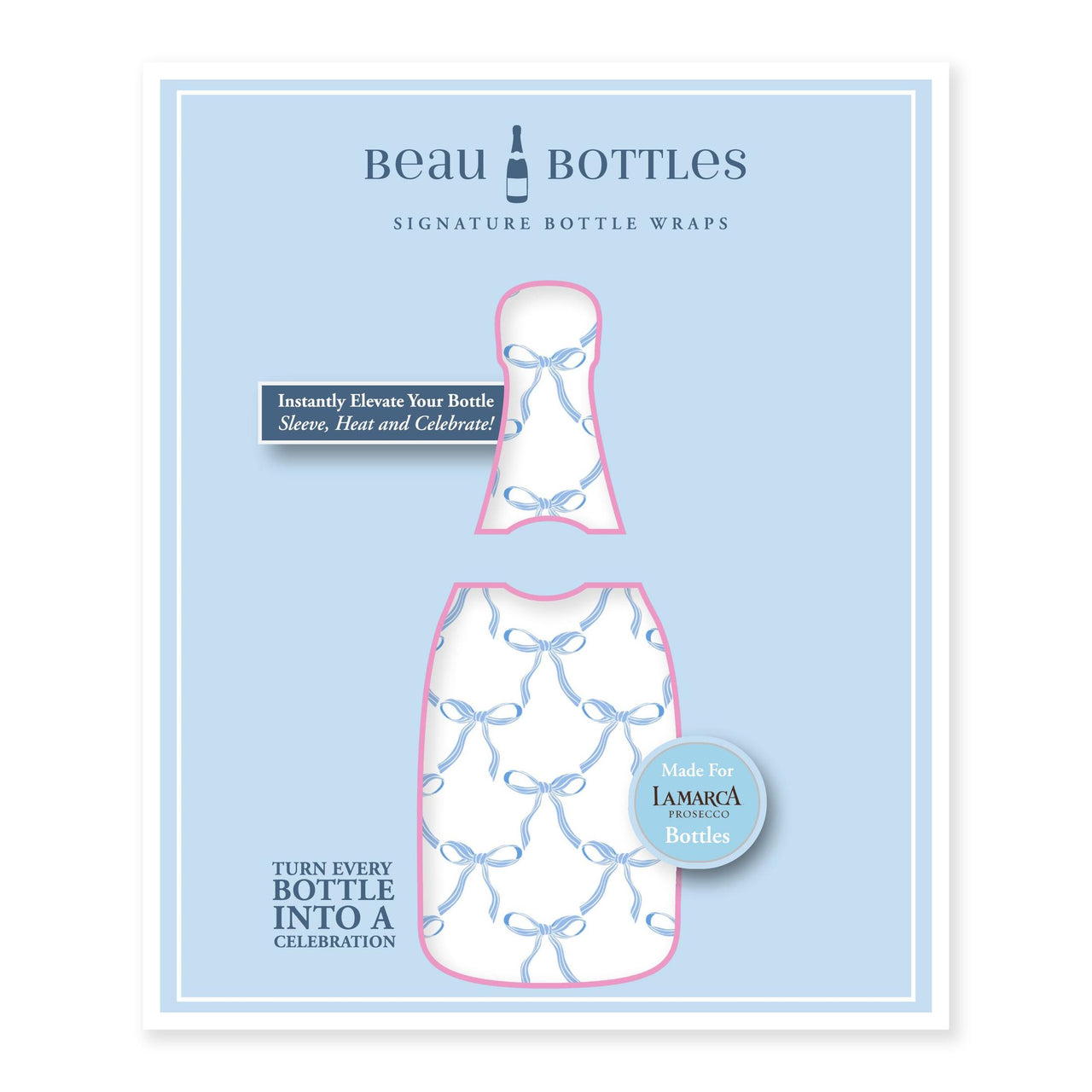 Grandmillenial Blue Bows Bottle Wrap on La Marca Prosecco