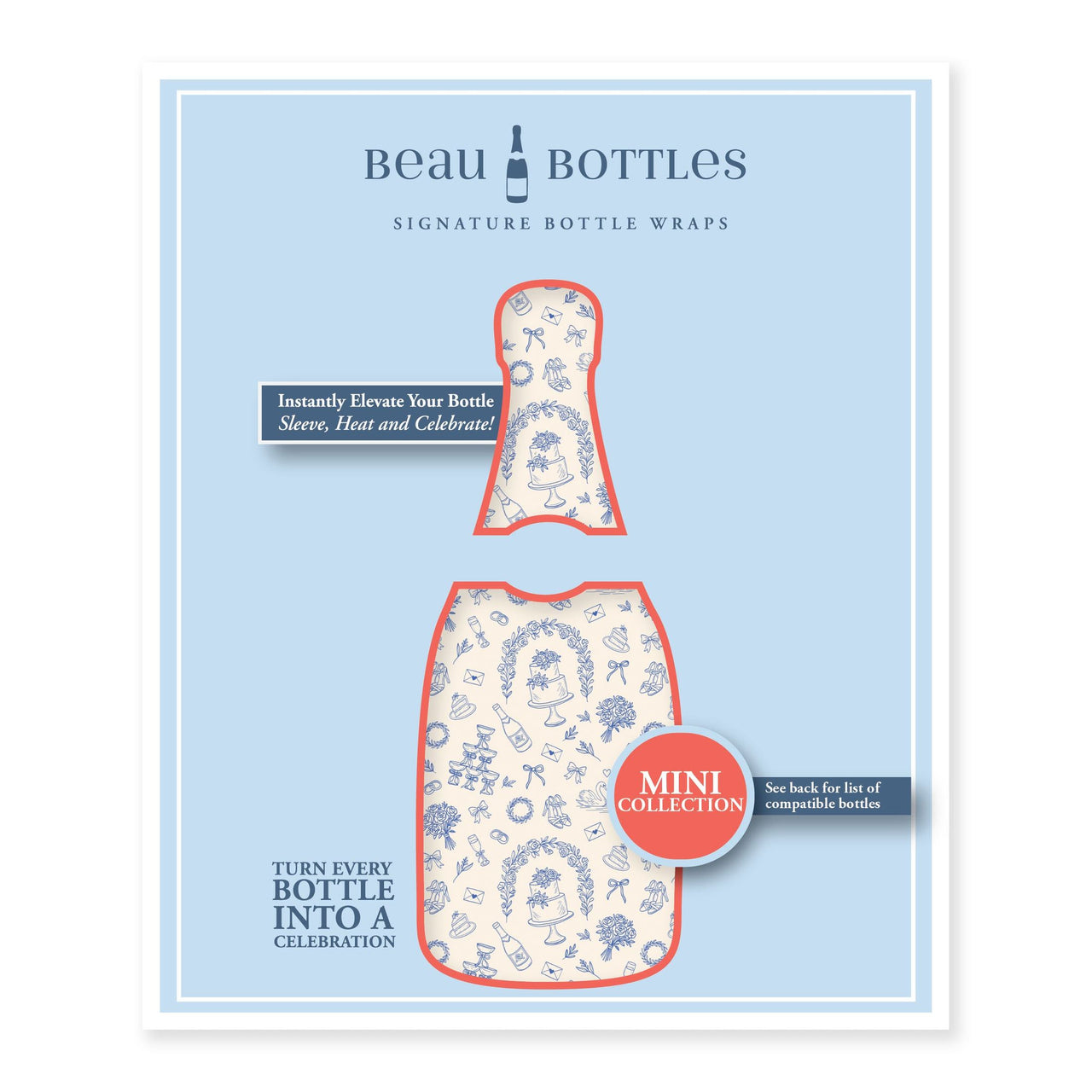 Blue & Ivory WeddingToile Mini Bottle Wrap Set on Mini La Marca Prosecco