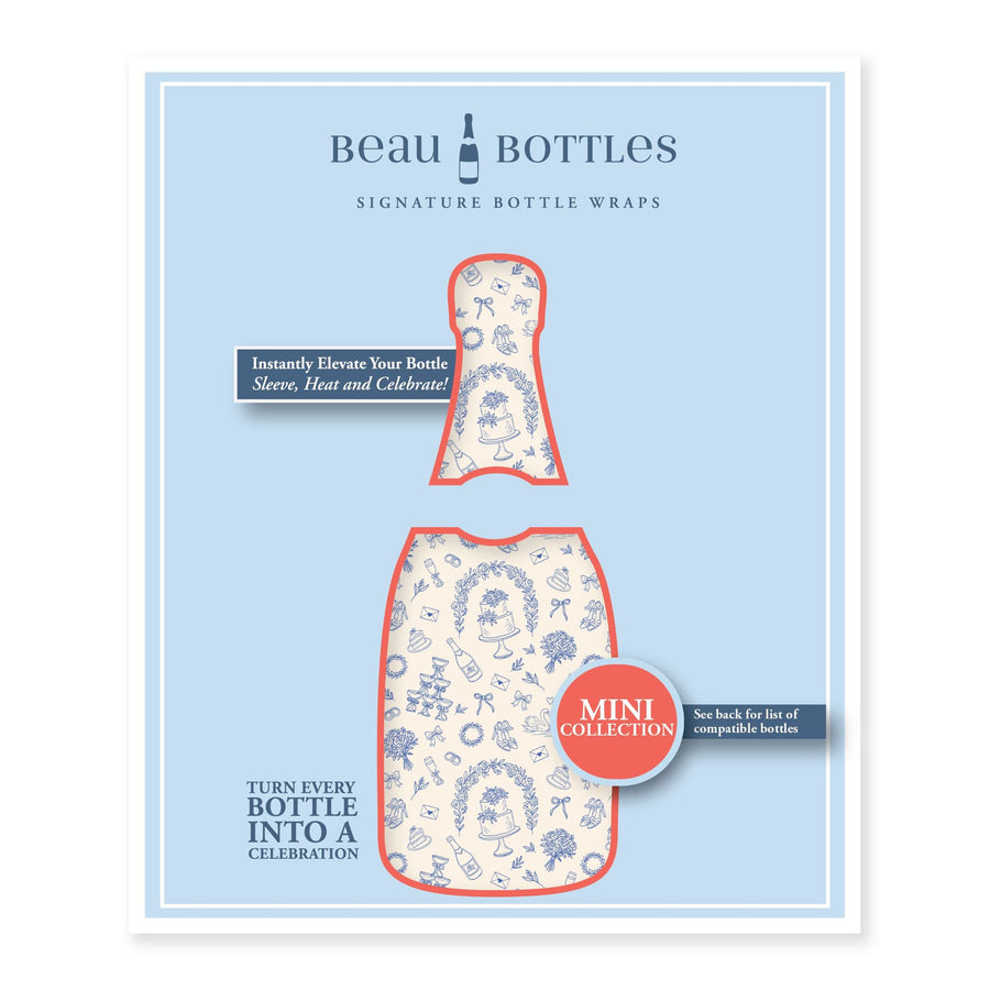 Blue & Ivory WeddingToile Mini Bottle Wrap Set on Mini La Marca Prosecco