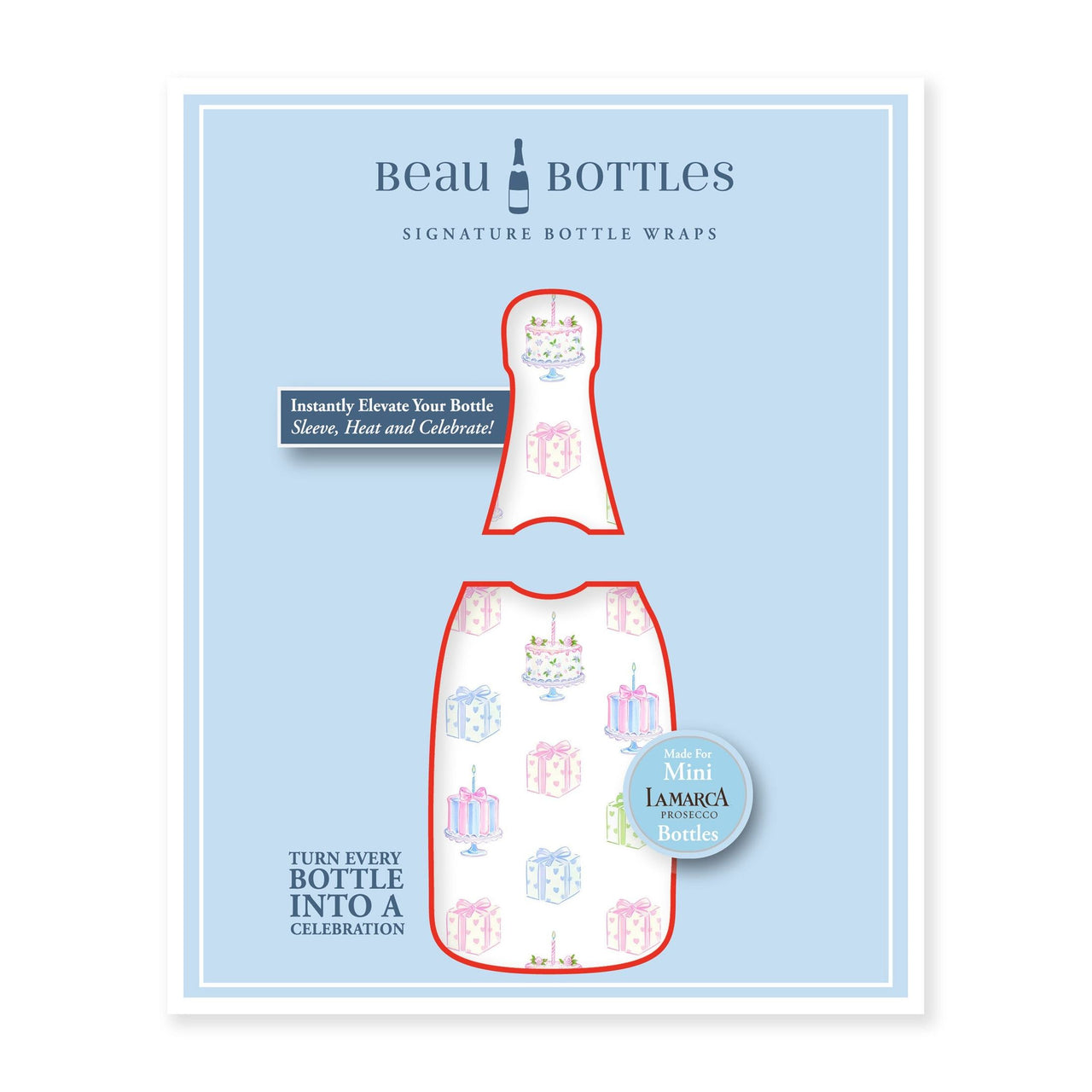 Pastel Birthday Cakes & Presents Mini Bottle Wrap Set on Mini La Marca Prosecco