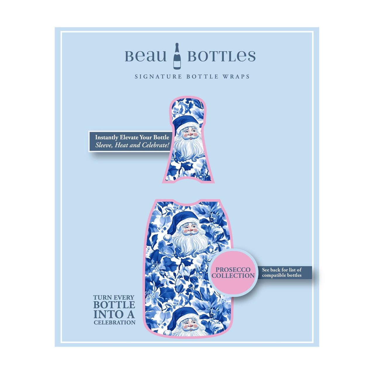 Blue and White Santa Bottle Wrap on La Marca Prosecco