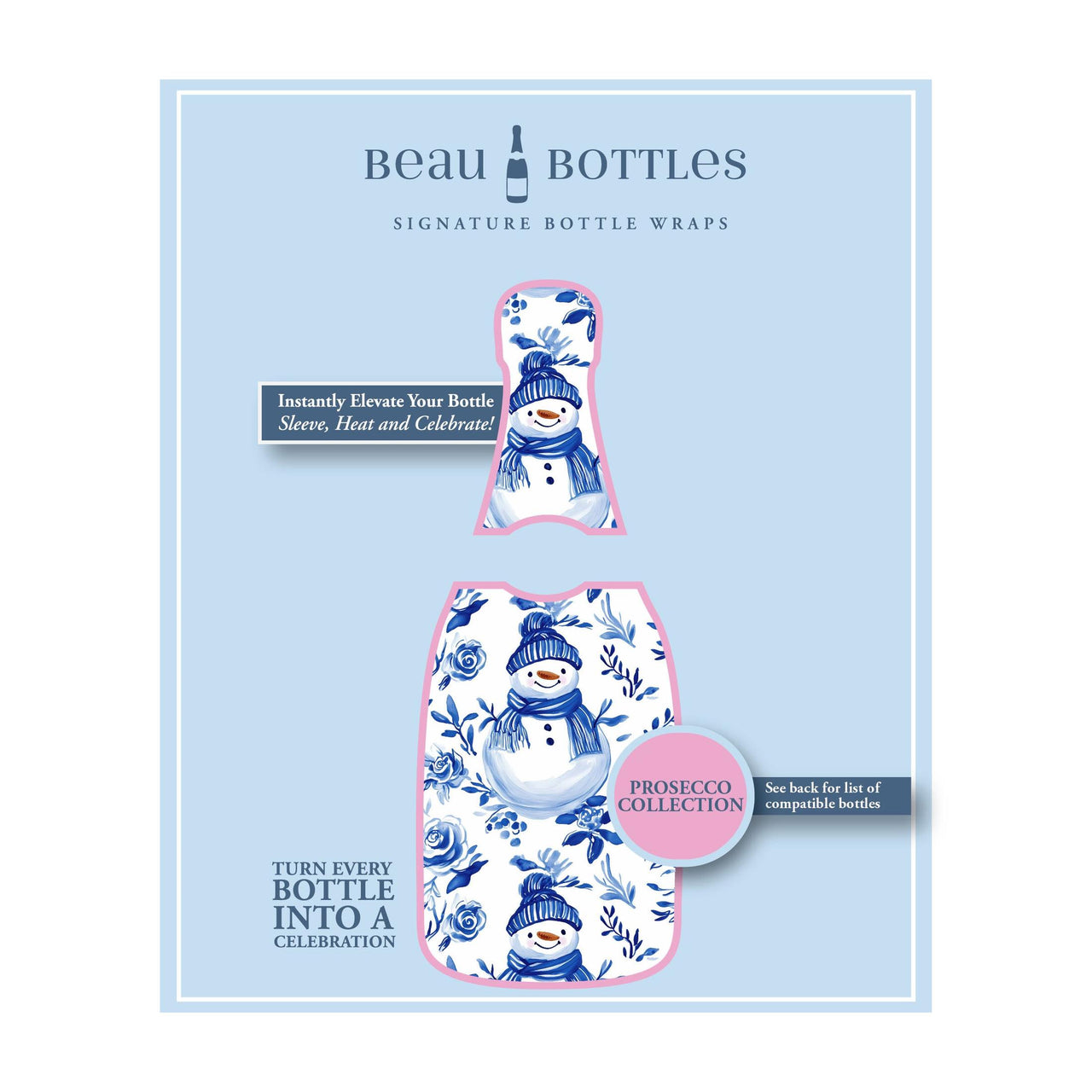 Blue and White Snowman Bottle Wrap on La Marca Prosecco