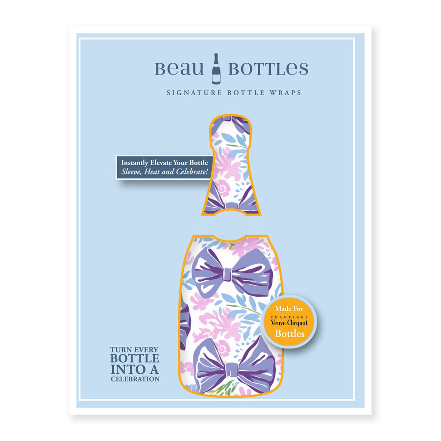 Lavender Lace Bows Bottle Wrap on Champagne Bottle