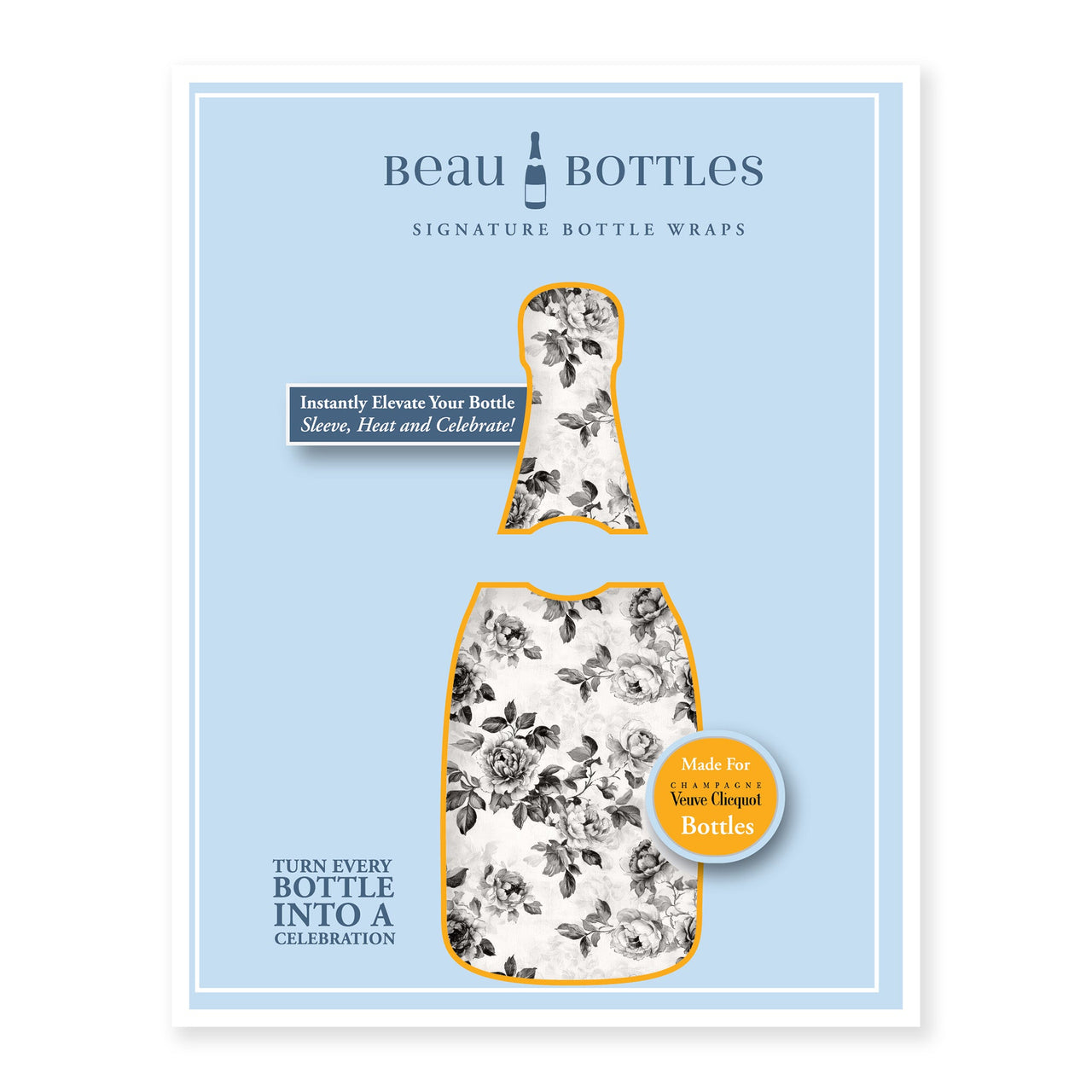 Black and White Floral Bottle Wrap on Champagne Bottle