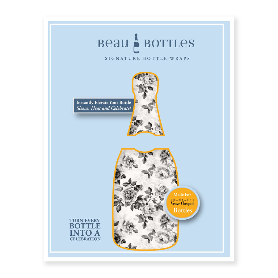 Black and White Floral Bottle Wrap on Champagne Bottle