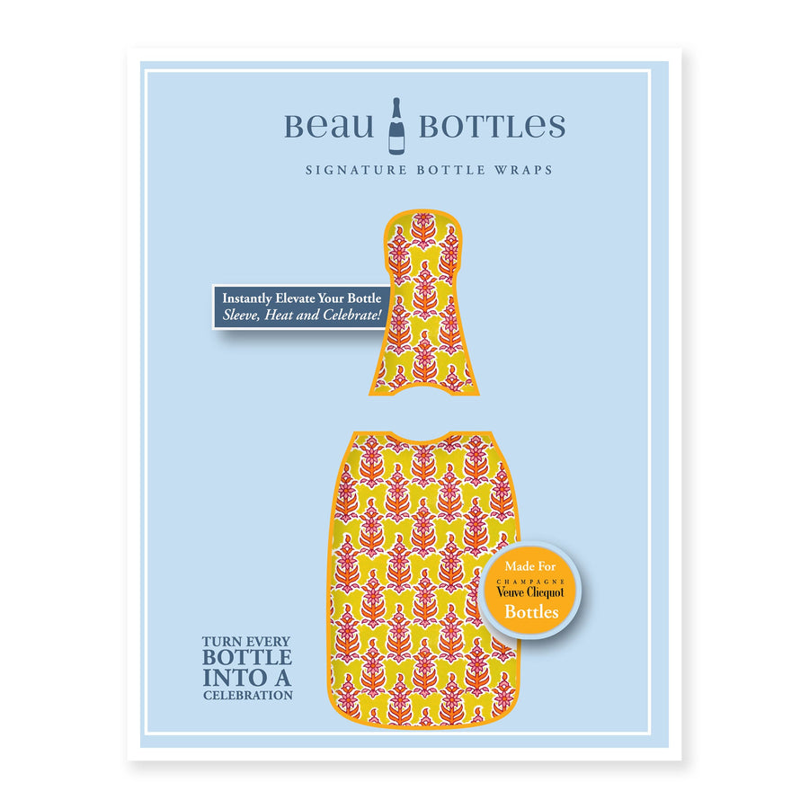 Wrap Indian Blockprint Yellow Leaf Bottle Wrap on Champagne Bottle