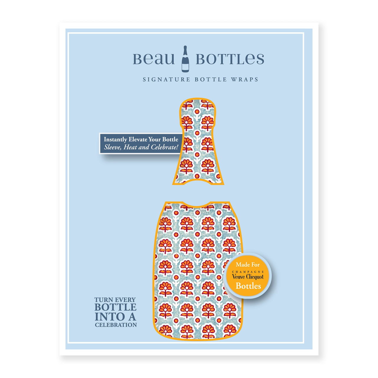 Wrap Indian Blockprint Blue Flower Bottle Wrap on Champagne Bottle