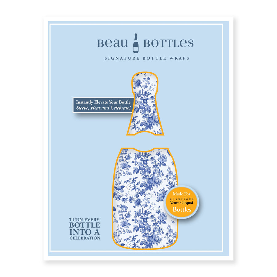 Grandmillenial Blue Floral Bottle Wrap on Champagne Bottle