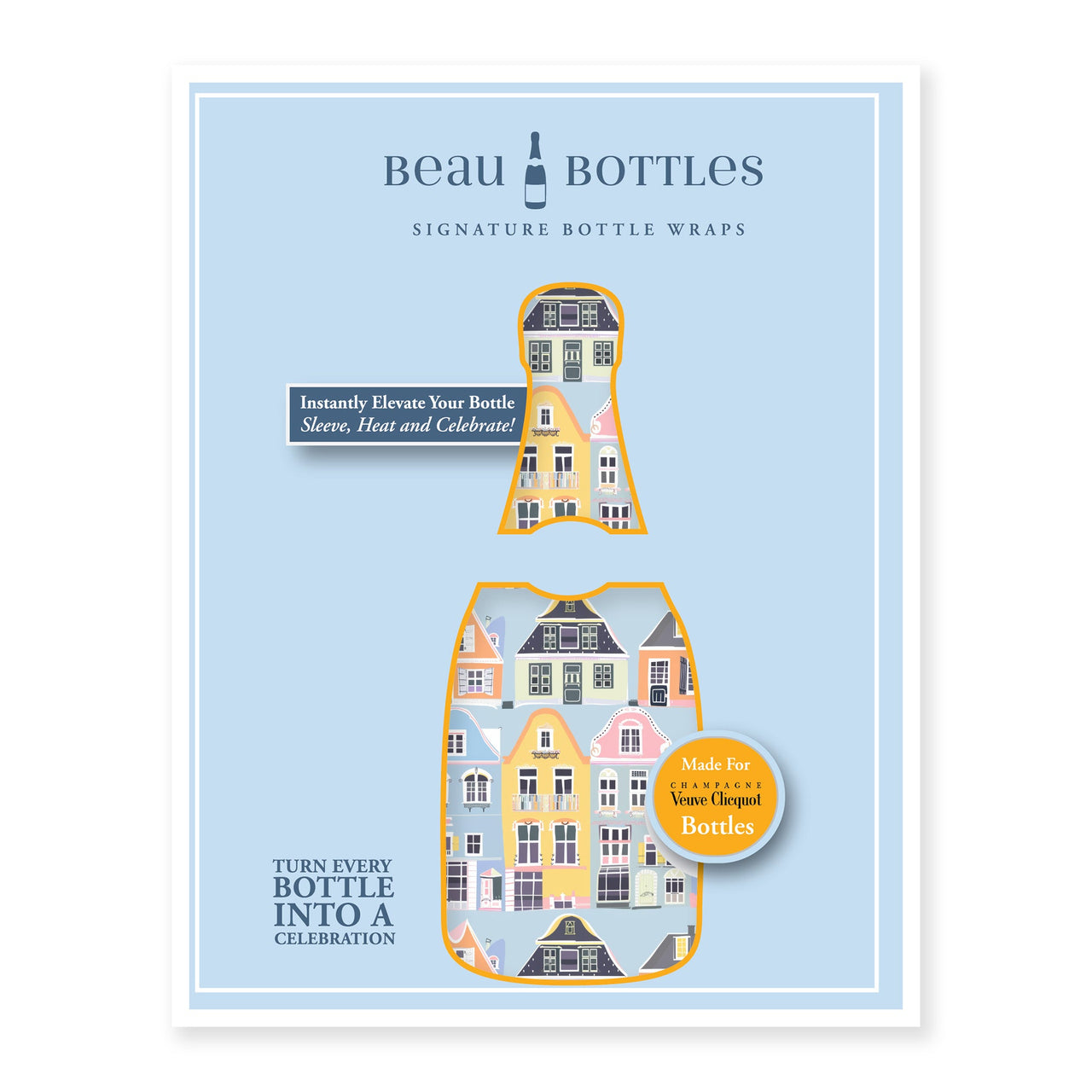 Blue Row Houses Bottle Wrap on Champagne Bottle