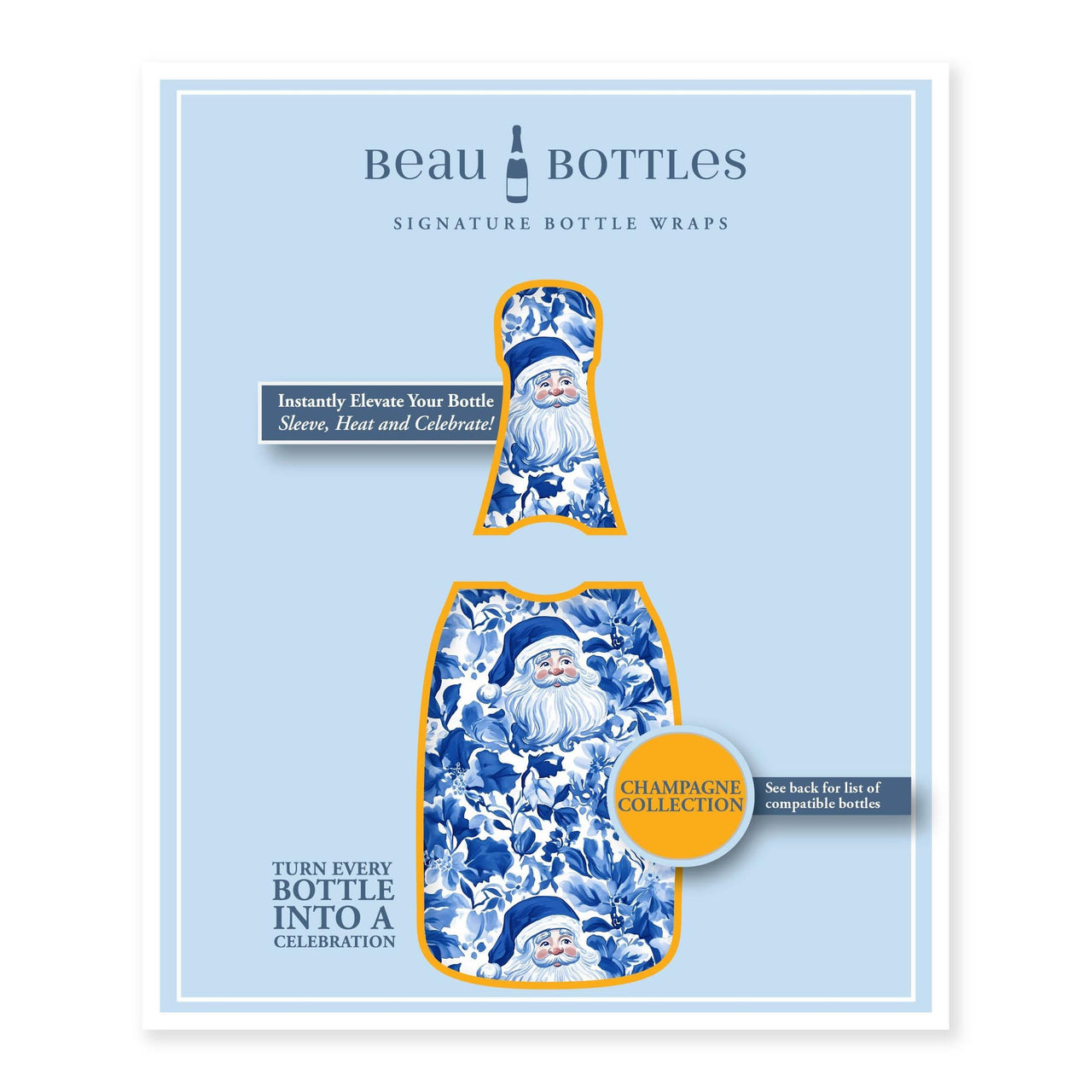 Blue and White Santa Bottle Wrap on Champagne Bottle
