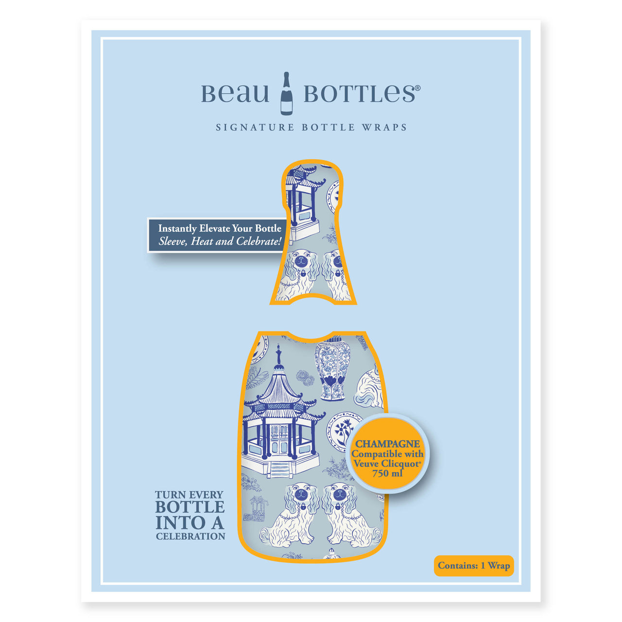 Blue Chinoiserie Pagodas From Carrie Cantwell Champagne Bottle Wrap