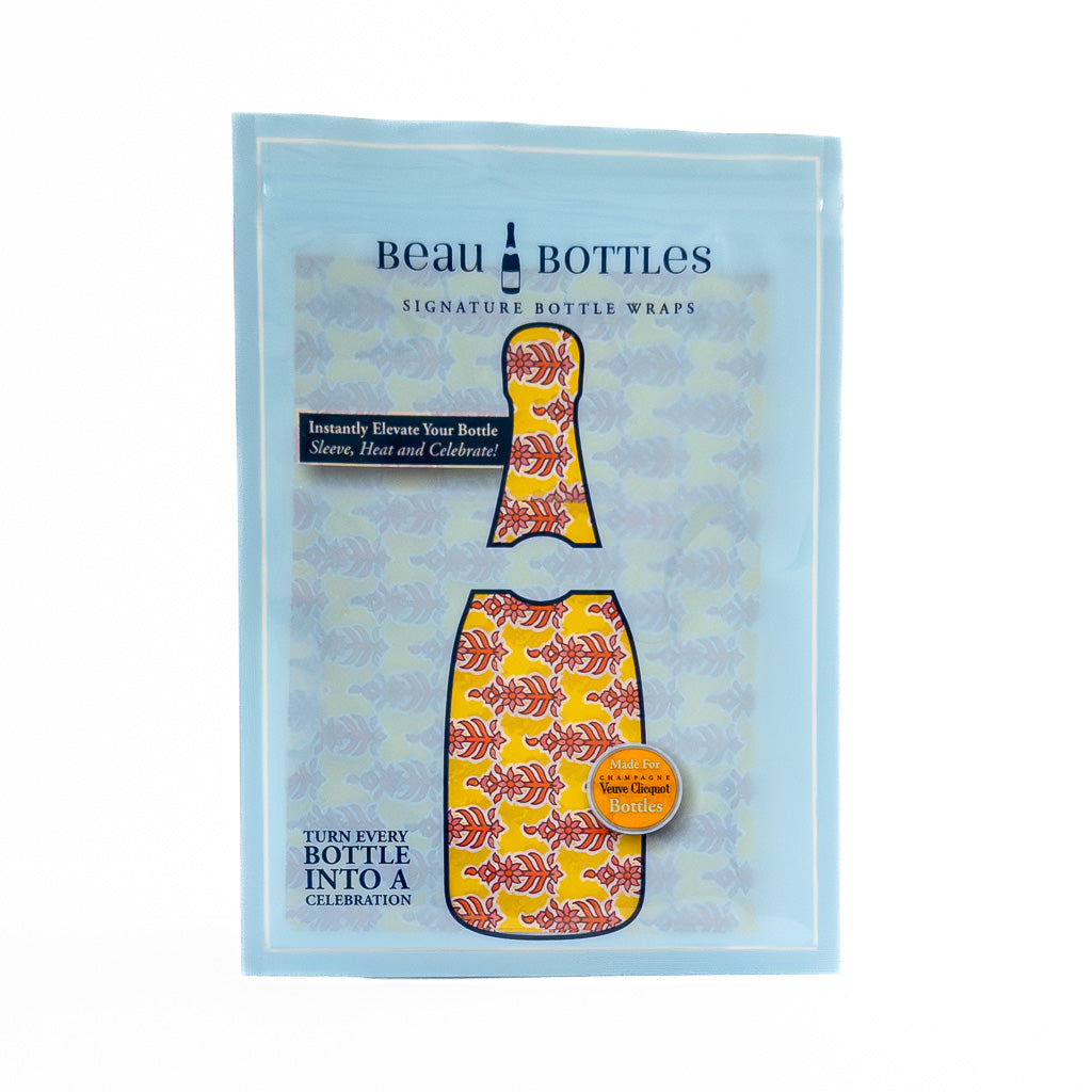 Beau Bottles Wrap Indian Blockprint Yellow Leaf - Veuve Edition