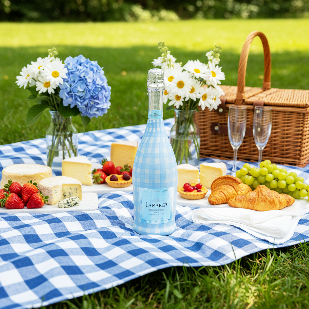 Powder Blue Picnic Gingham Bottle Wrap on La Marca Prosecco