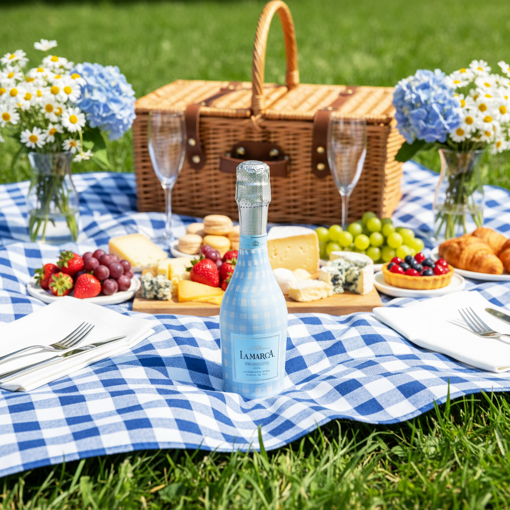 Powder Blue Picnic Gingham Mini Bottle Wrap Set on Mini La Marca Prosecco