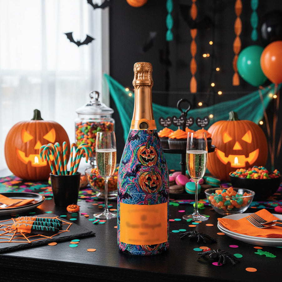 Preppy Halloween Bats Champagne Bottle Wrap bottle wrap on a Veuve Clicquot champagne bottle (view 2)