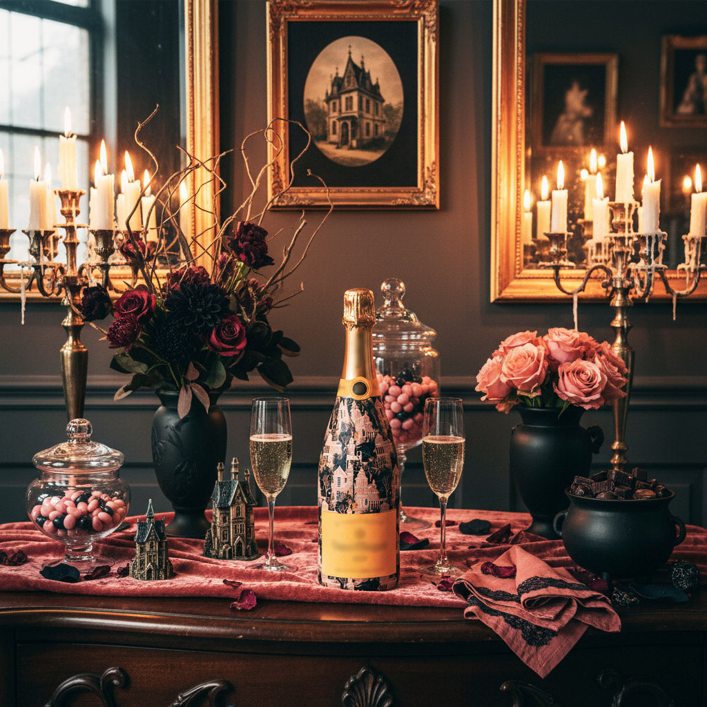Preppy Halloween Haunted House Champagne Bottle Wrap