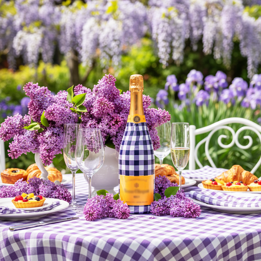 Purple and White Gingham – Champagne Collection Bottle Wrap on Champagne Bottle
