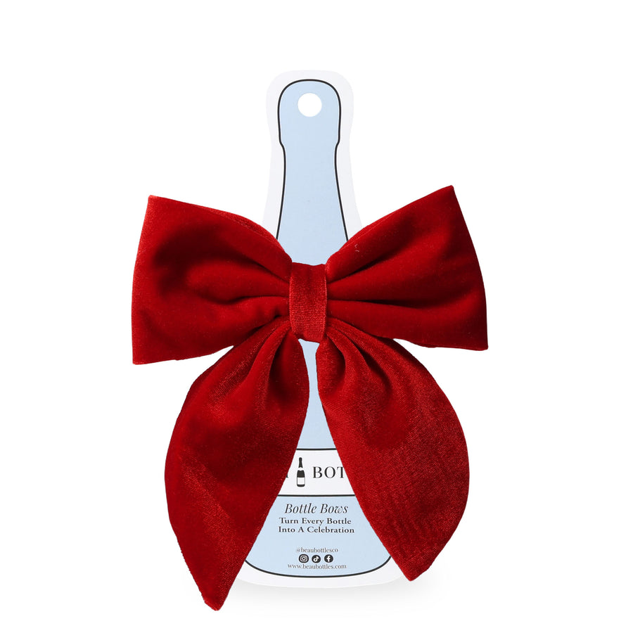 Red Velvet Bottle Bow reusable bottle bow on a bubbly bottle (view 3)