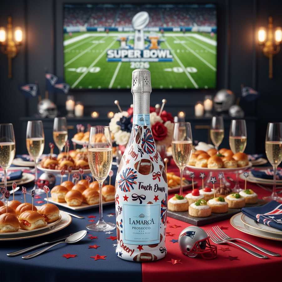 Red and Navy Game Day Bottle Wrap on La Marca Prosecco