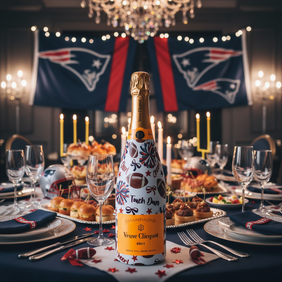 Red and Navy Game Day Bottle Wrap on Champagne Bottle