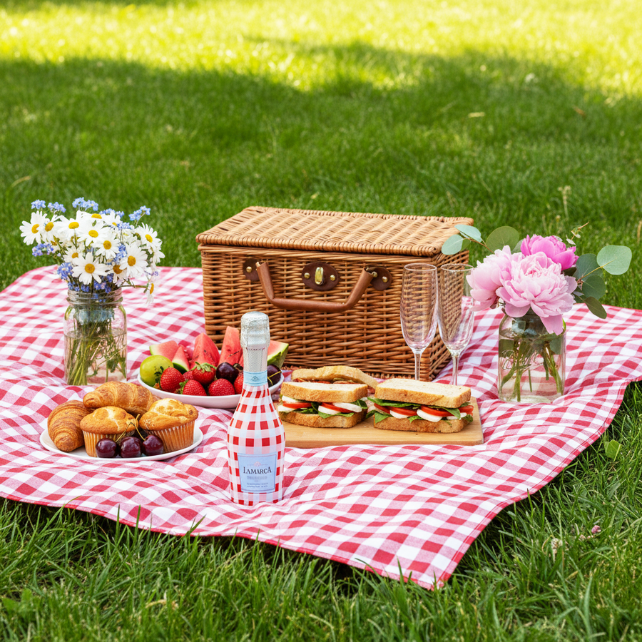 Red and White Gingham Mini Bottle Wrap Set on Mini La Marca Prosecco