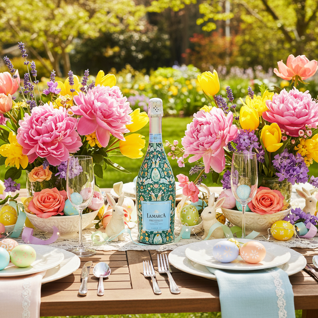 Spring Folk Bunnies Bottle Wrap on La Marca Prosecco