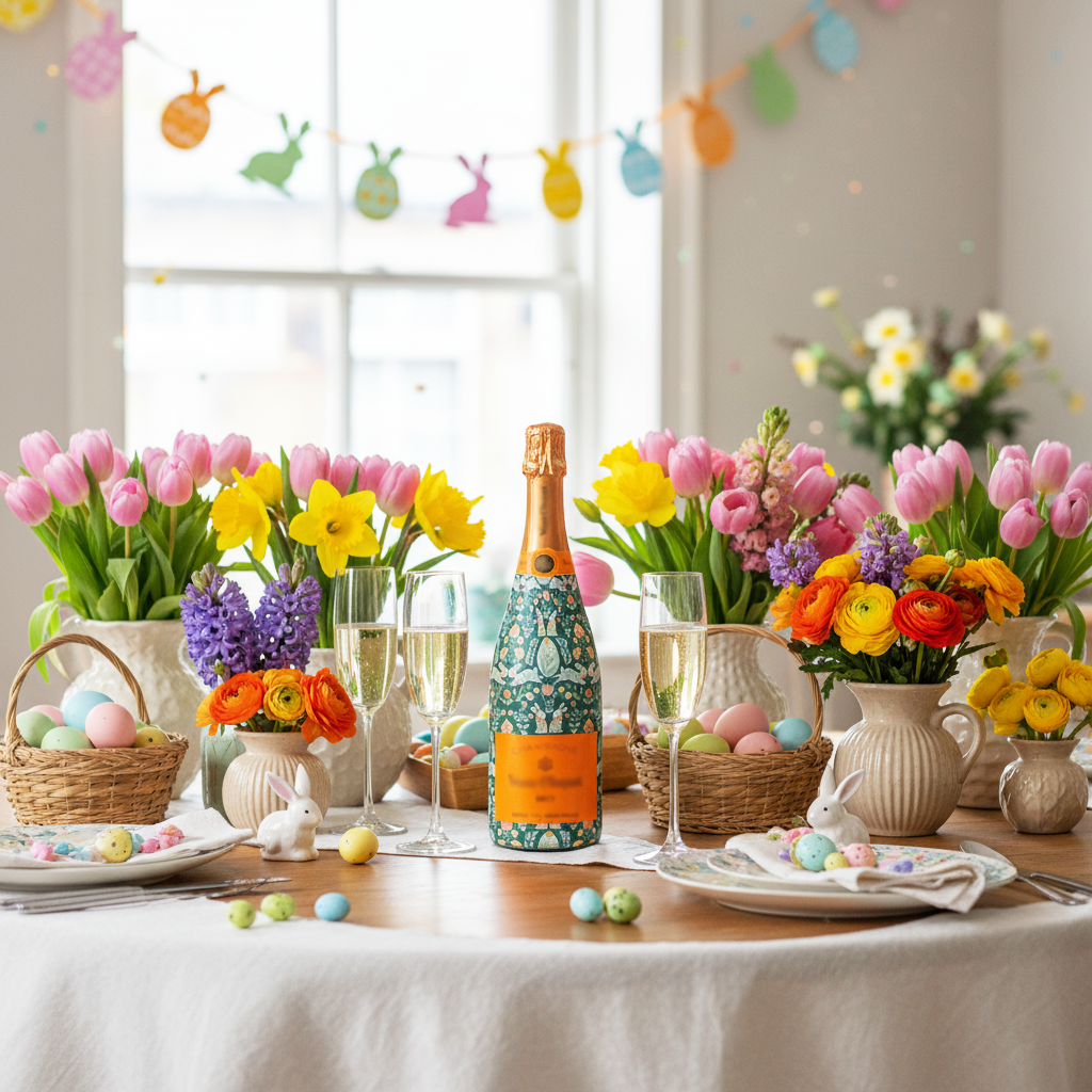 Spring Folk Bunnies Bottle Wrap on Champagne Bottle