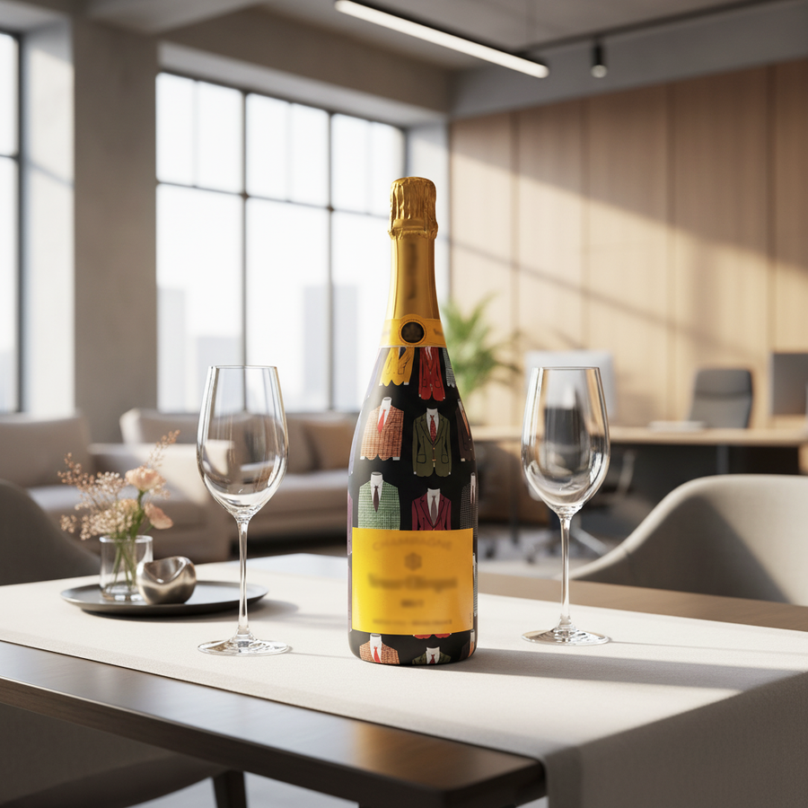 Suits Bottle Wrap on Champagne Bottle