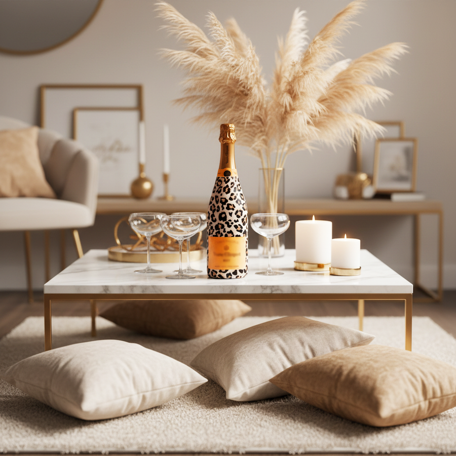 Tan Leopard Bottle Wrap on Champagne Bottle