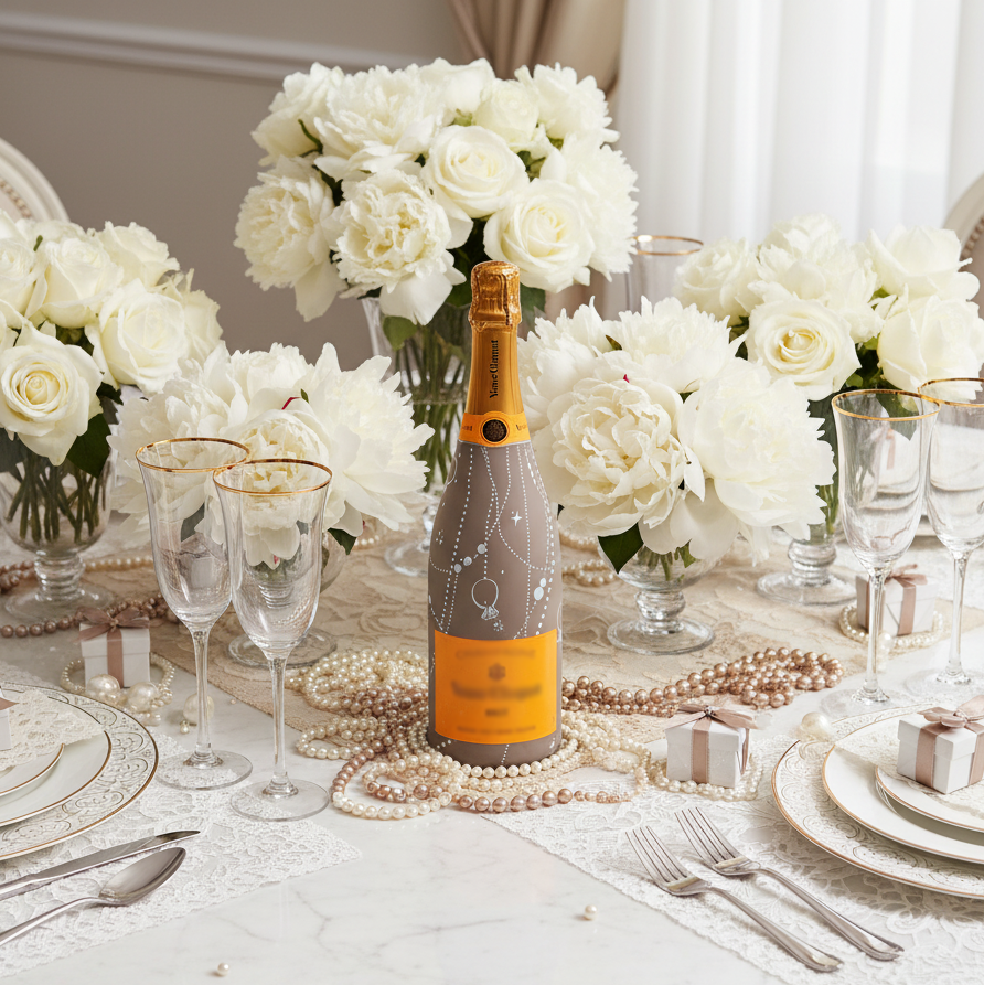 Taupe Pearls and Prosecco Bottle Wrap on Champagne Bottle