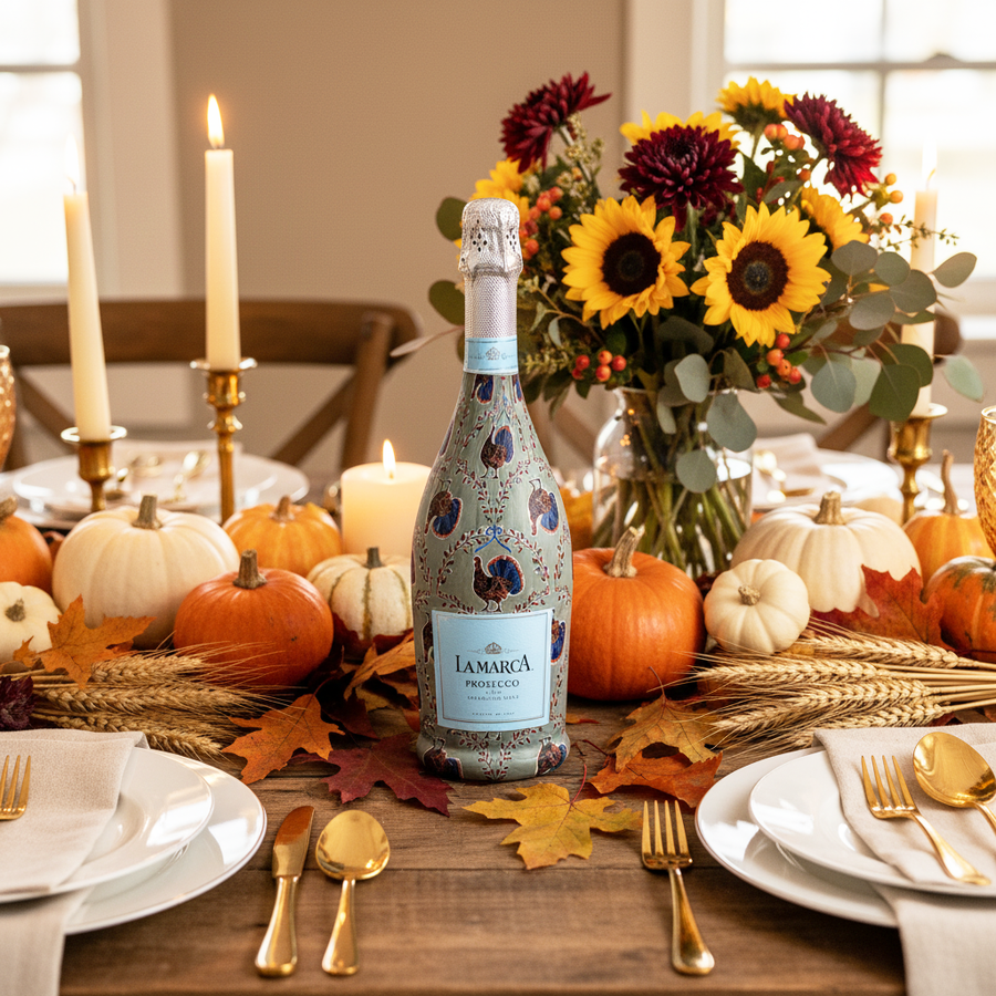 Autumn Turkey Trellis Bottle Wrap on La Marca Prosecco