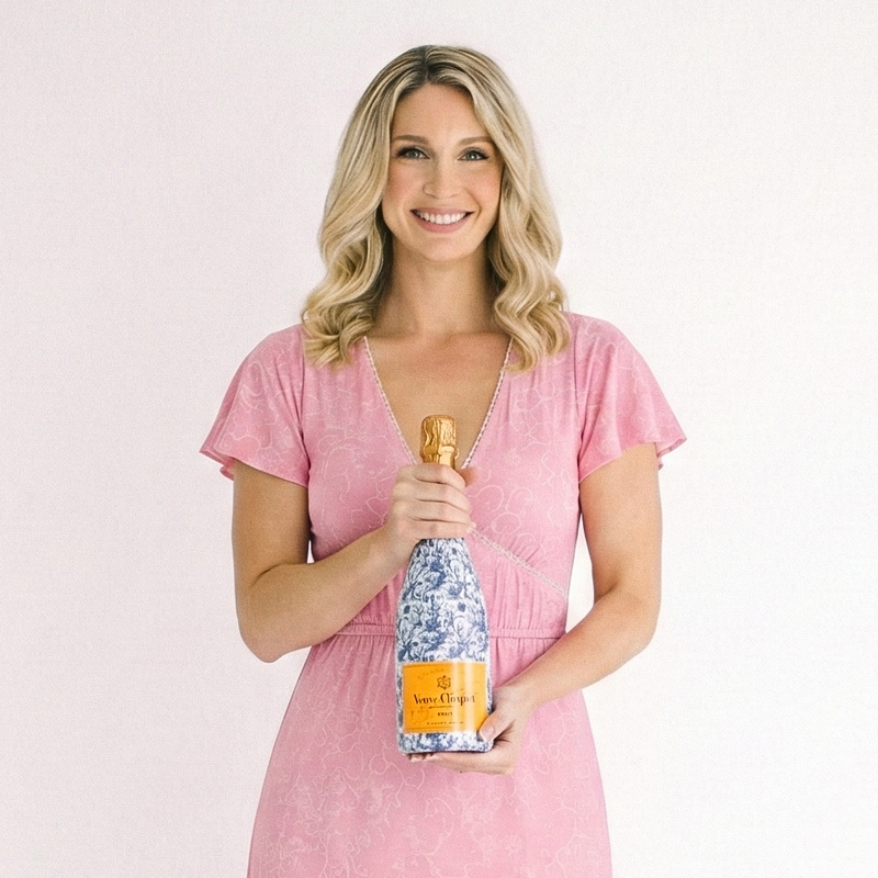 Founder of Beau Bottles Sarah Hunte holding veuve blue floral