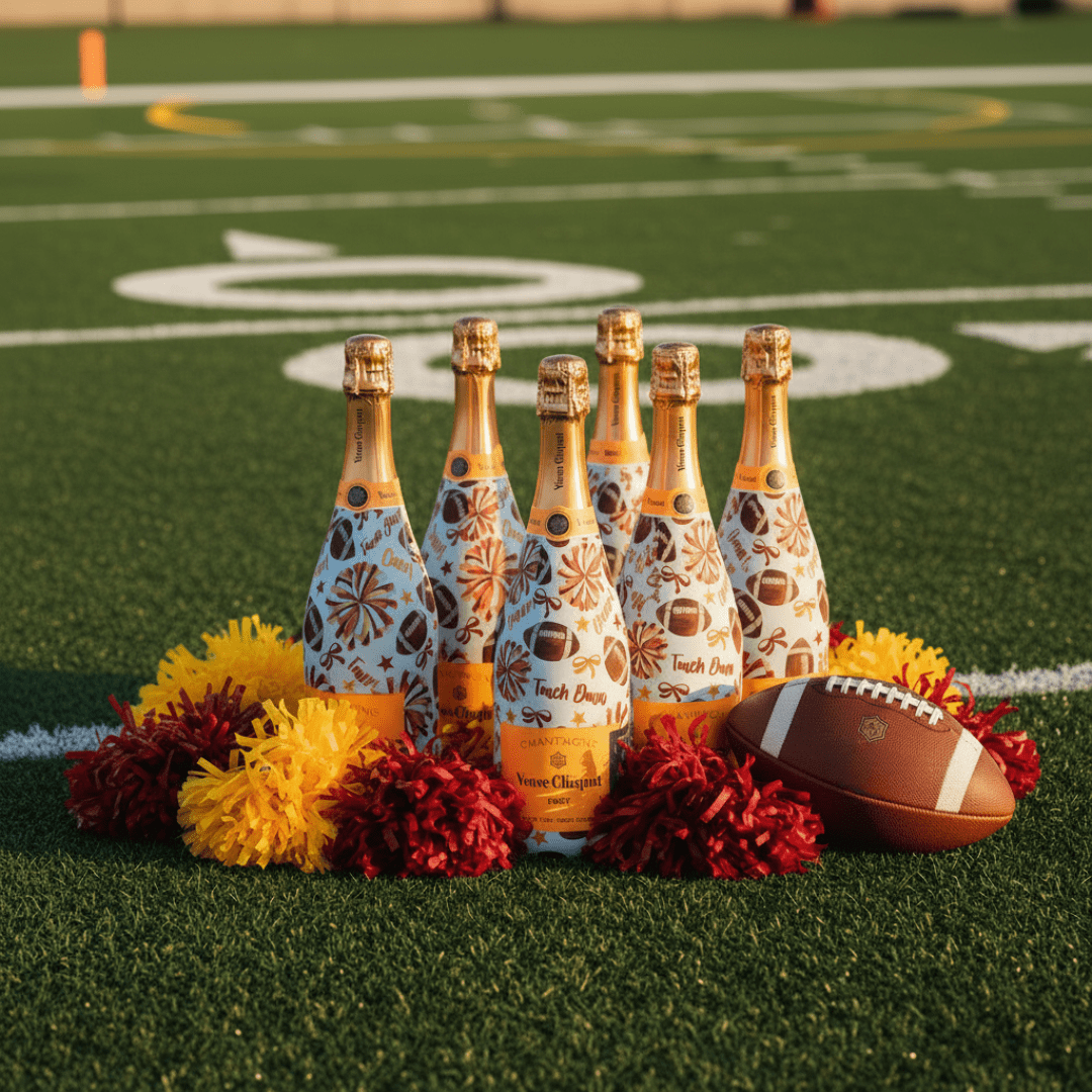 Red and Yellow Game Day Bottle Wrap on Champagne Bottle