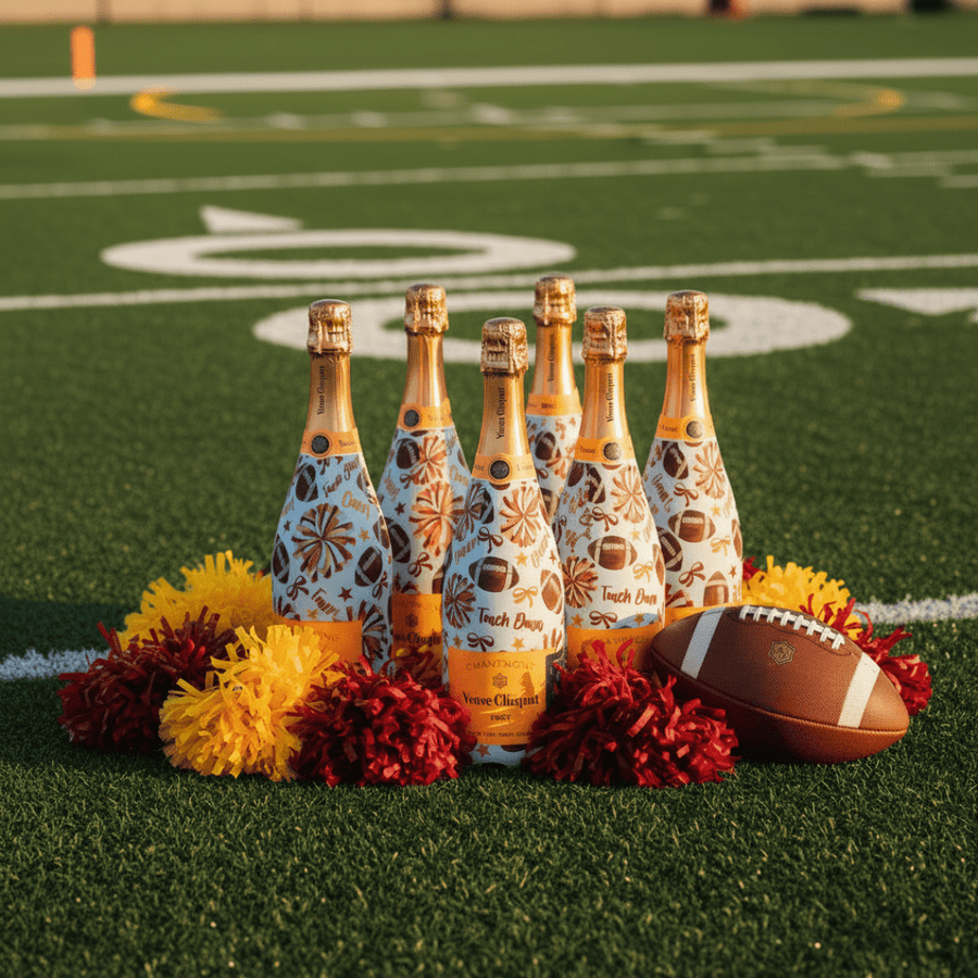 Red and Yellow Game Day Bottle Wrap on Champagne Bottle