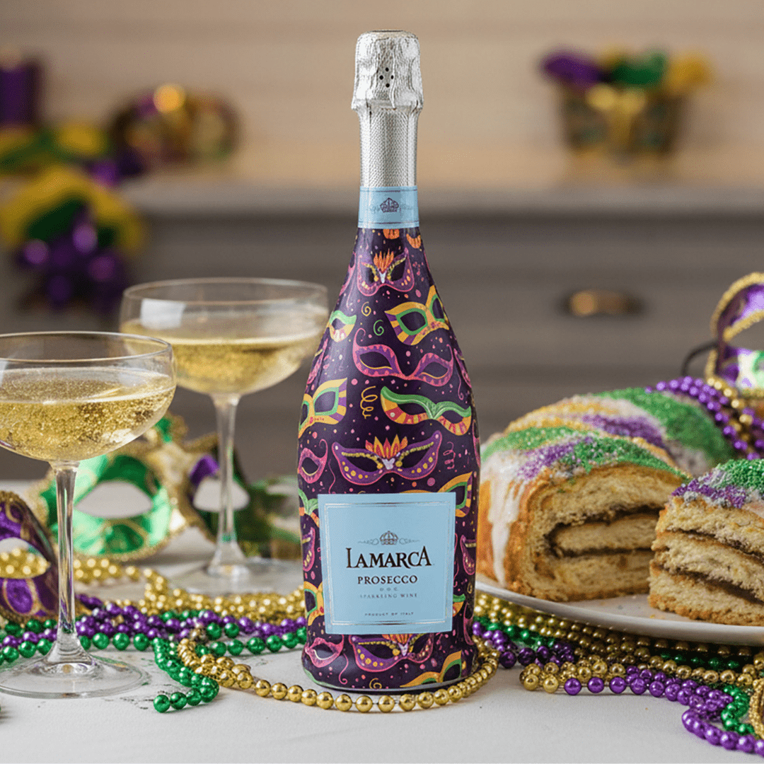 Limited Edition Mardi Masquerade Bottle Wrap on La Marca Prosecco