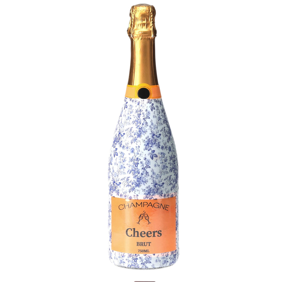 Grandmillennial Blue Floral Champagne Bottle Wrap — 360 view