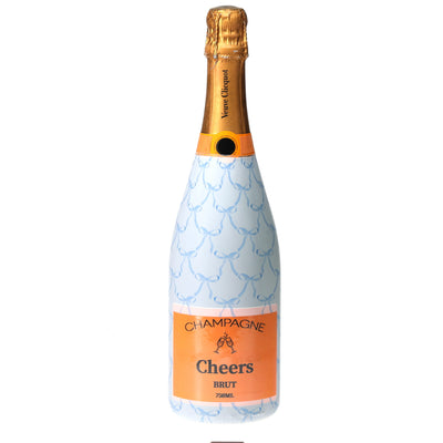 Grandmillennial Blue Bows Champagne Bottle Wrap bottle wrap on a Veuve Clicquot champagne bottle