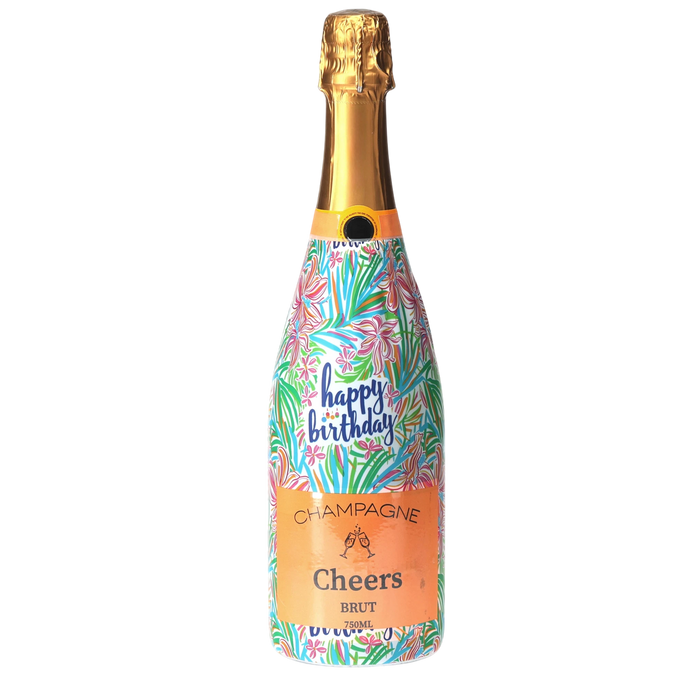 Happy Birthday Floral Champagne Bottle Wrap — 360 view
