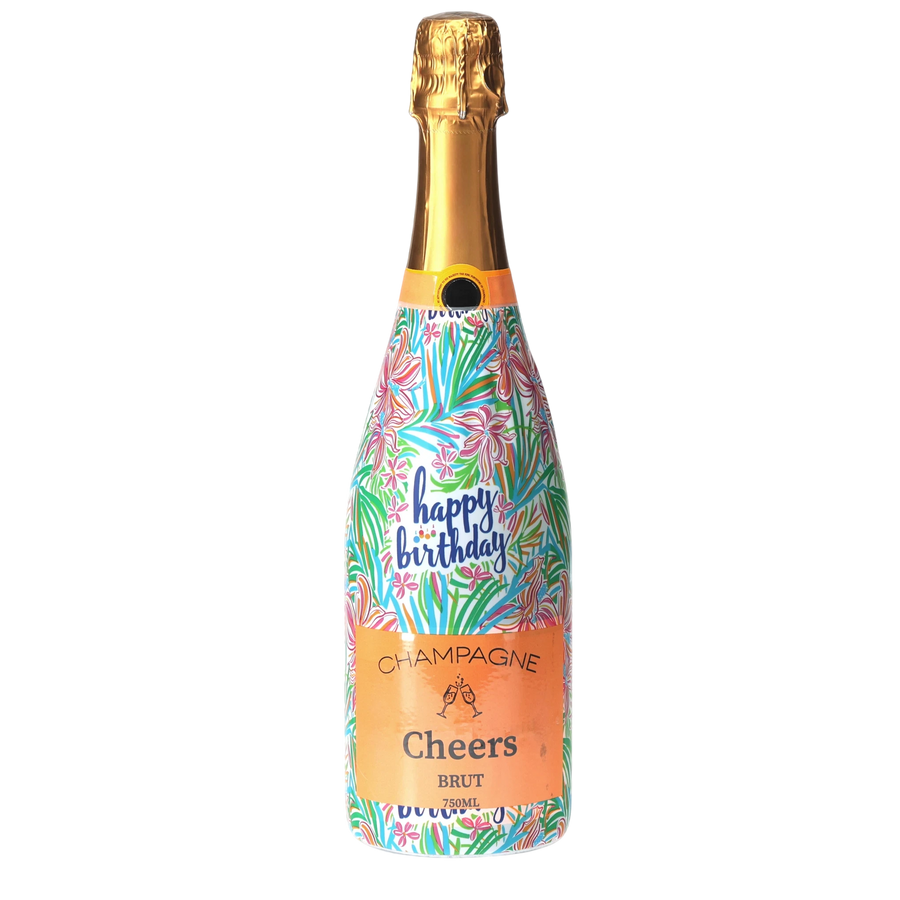 Happy Birthday Floral Champagne Bottle Wrap — 360 view