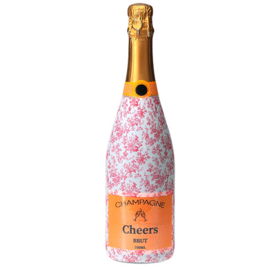 Grandmillennial Pink Floral Champagne Bottle Wrap bottle wrap on a Veuve Clicquot champagne bottle