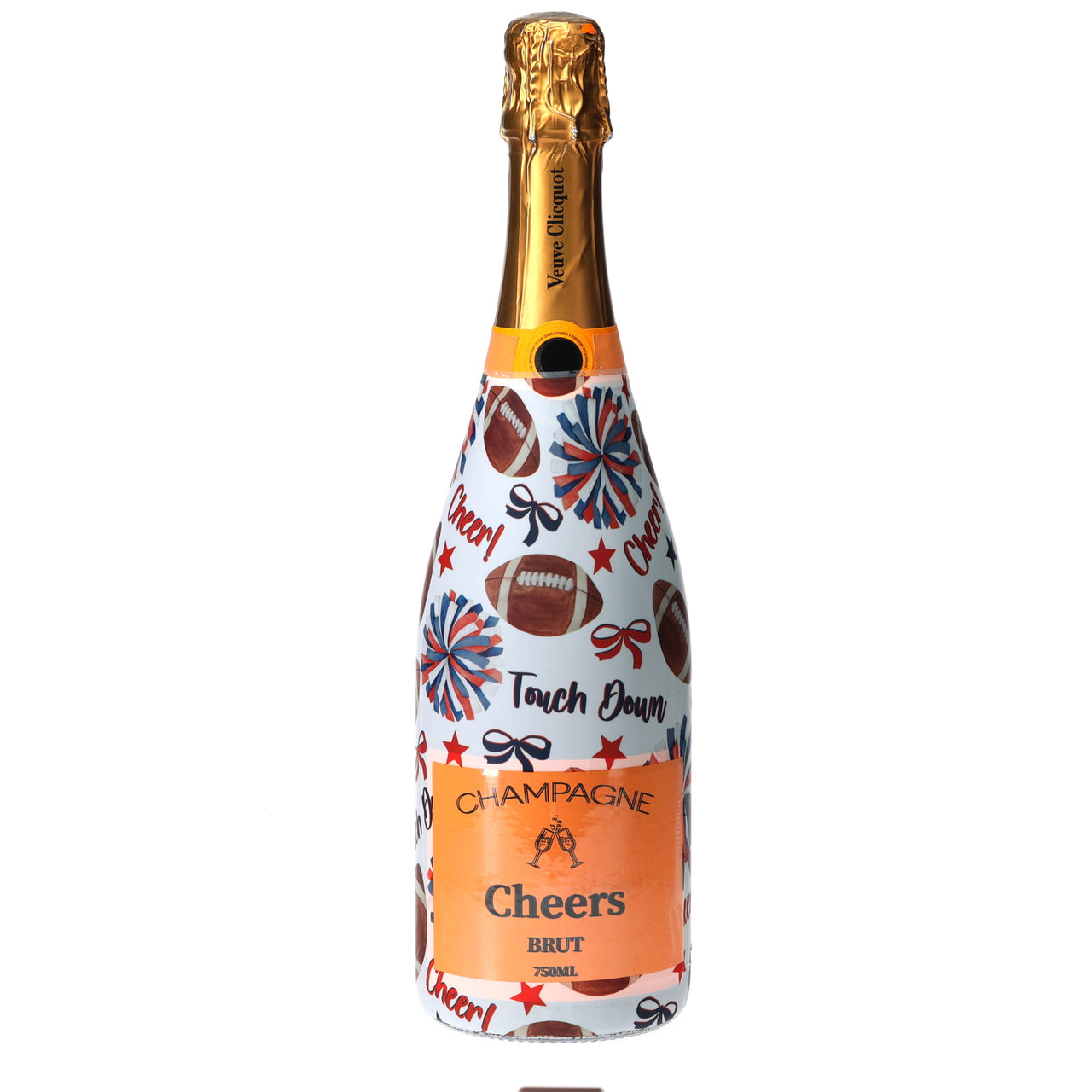 Red & Navy Game Day Champagne Bottle Wrap bottle wrap on a Veuve Clicquot champagne bottle
