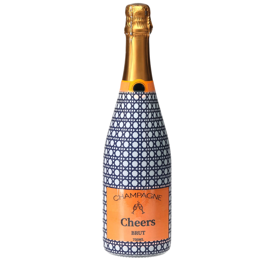 Navy & White Cane  Champagne bottle wrap on a Veuve Clicquot champagne bottle