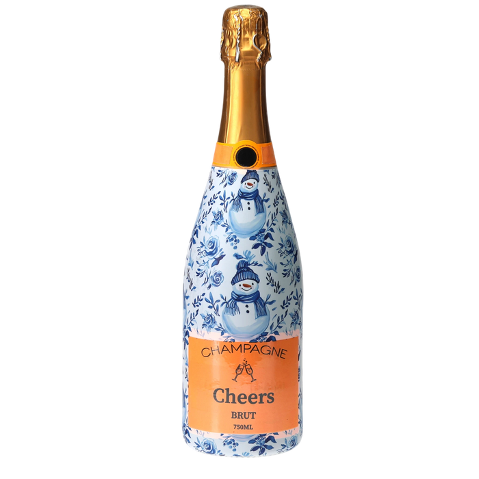 Blue & White Snowman Champagne Bottle Wrap — 360 view