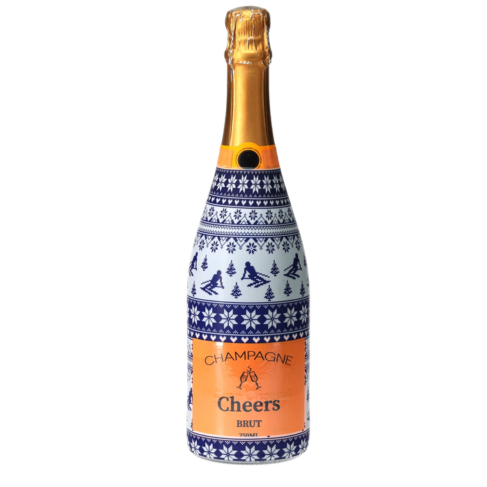Blue & White Knitted Ski Champagne Bottle Wrap — 360 view