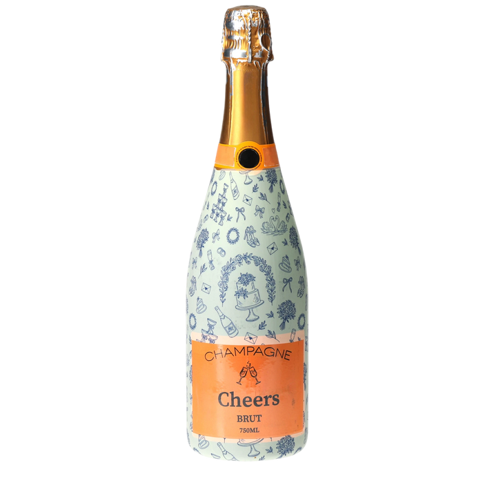 Blue Wedding Toile Champagne Bottle Wrap — 360 view
