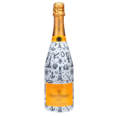 Blue & White Yacht Champagne Bottle Wrap bottle wrap on a Veuve Clicquot champagne bottle