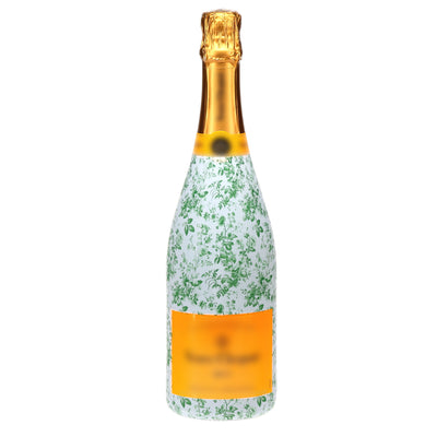 Grandmillennial Green Floral Champagne Bottle Wrap bottle wrap on a Veuve Clicquot champagne bottle