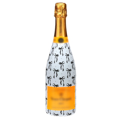 Grandmillennial Black Bow Champagne Bottle Wrap bottle wrap on a Veuve Clicquot champagne bottle