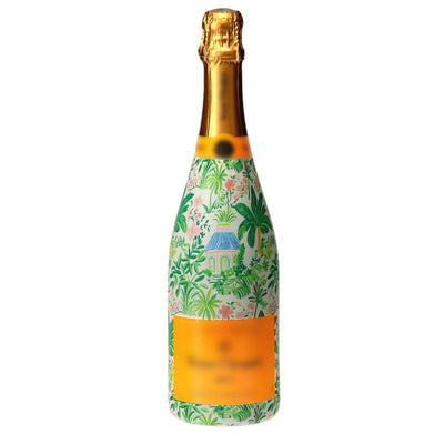 Verde Palm Pavilion Champagne Bottle Wrap bottle wrap on a Veuve Clicquot champagne bottle