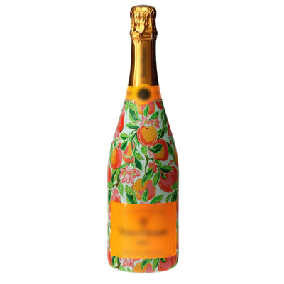 Peach Blossom Grove Champagne Bottle Wrap bottle wrap on a Veuve Clicquot champagne bottle